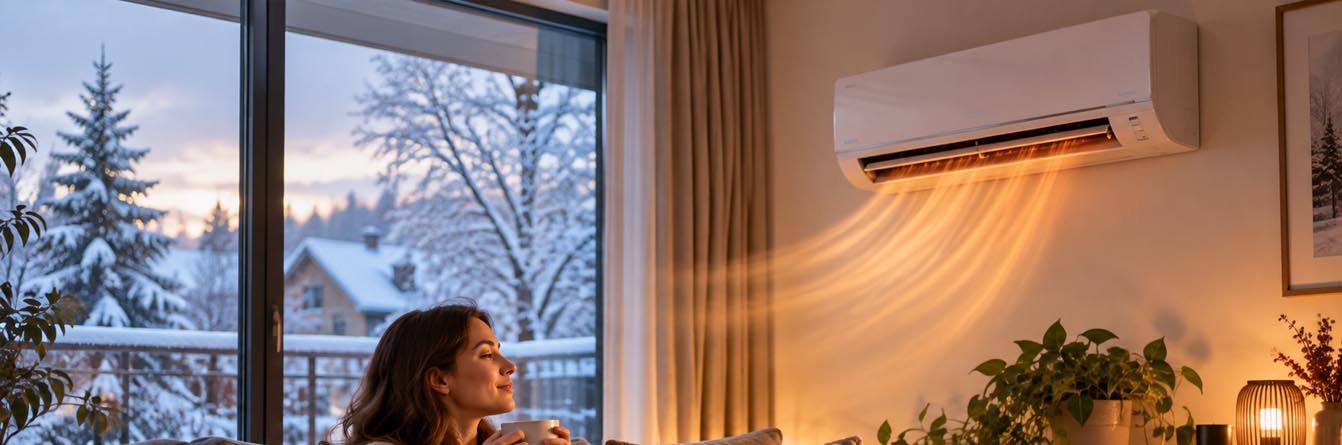 Klimatyzator ogrzewający salon zimą – ciepłe wnętrze domu i śnieg za oknem blog ARSEM